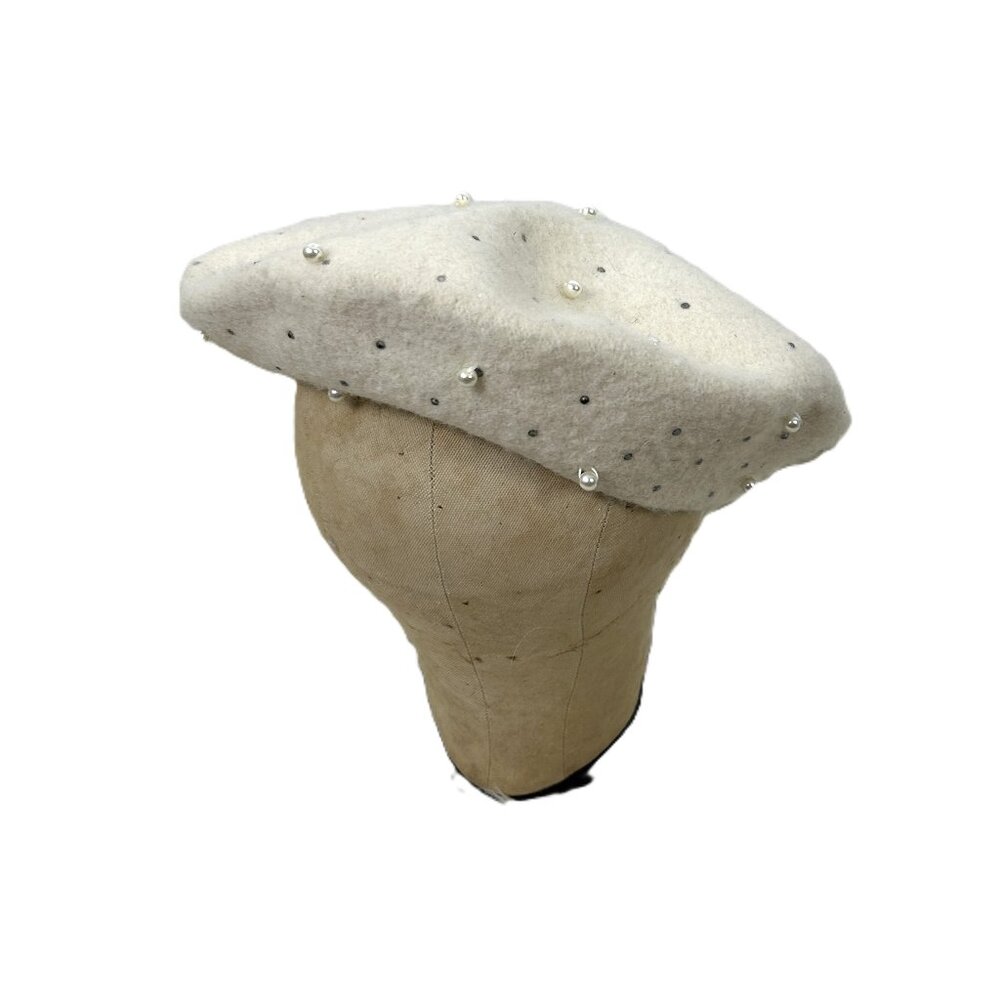 Isa & Stef Wool Beret w Pearls and Rhinestones Cream O/S